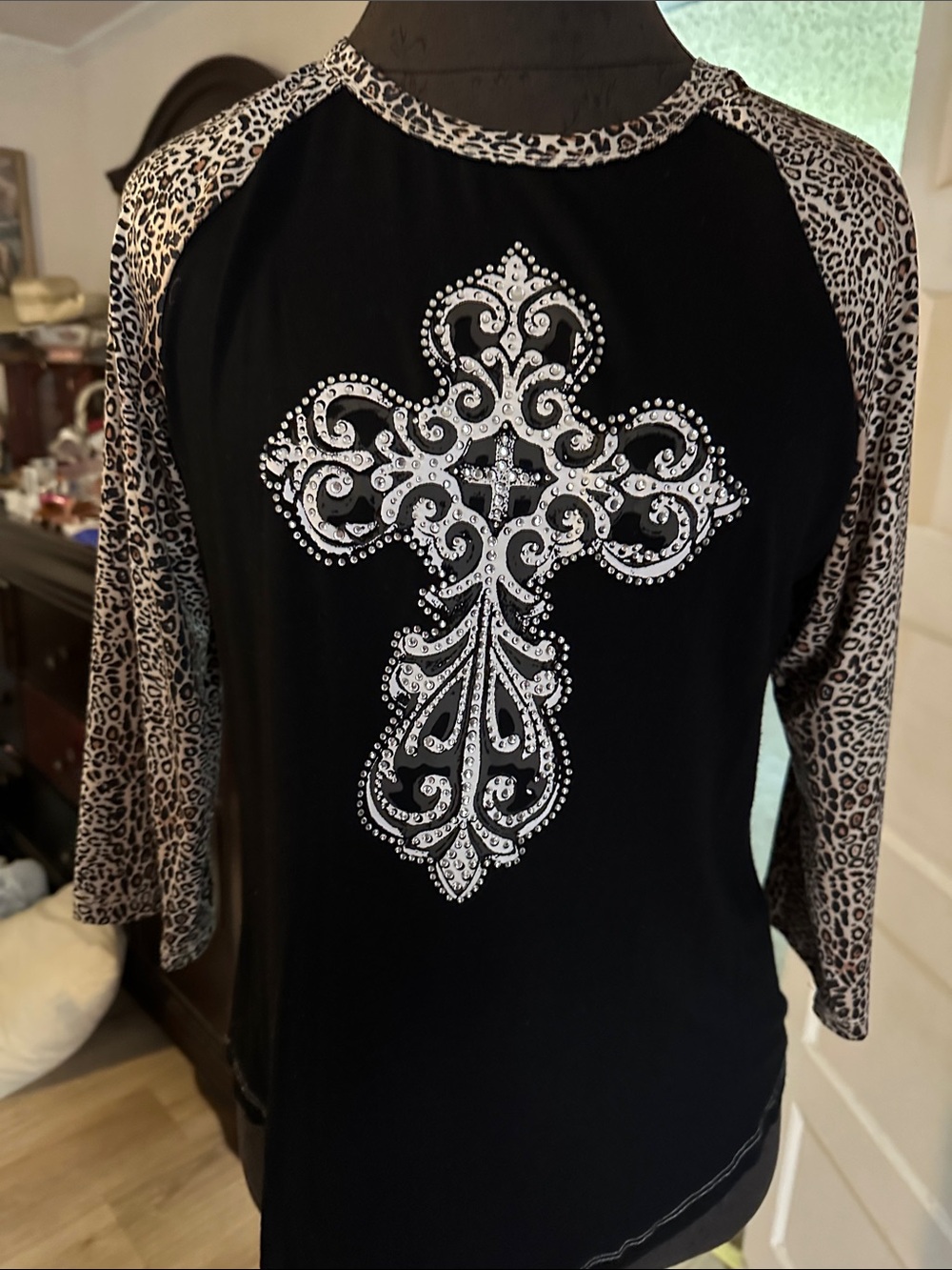 Black Leopard Raglan Top with Embellished Cross - Women's